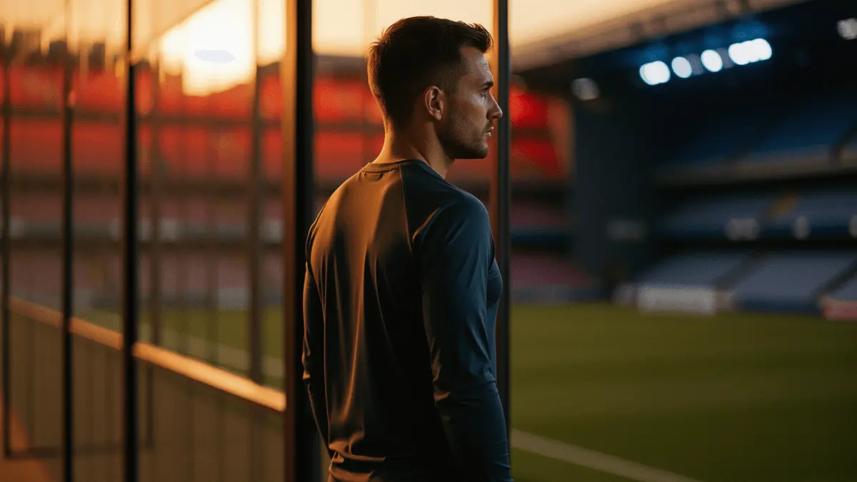 Football player contemplating transfer decision with European stadium backdrop at golden hour