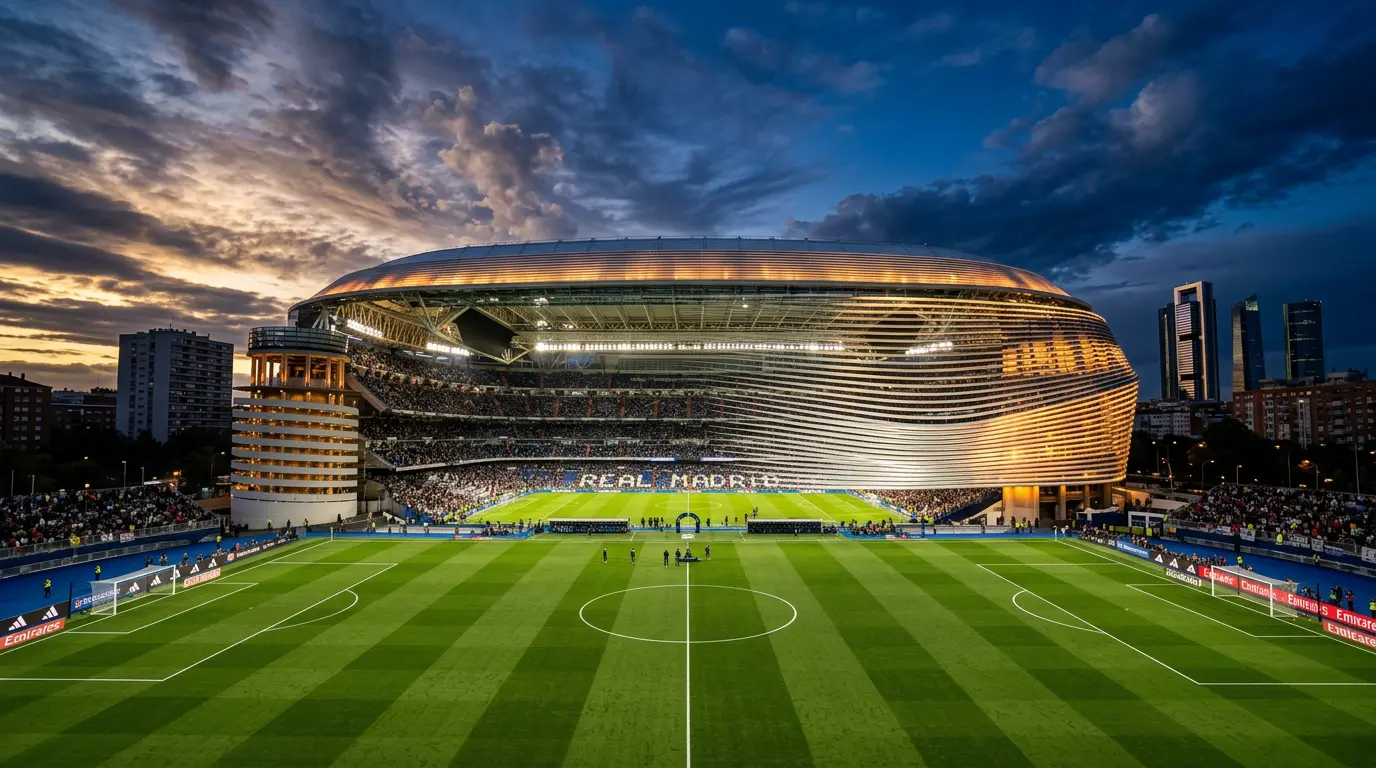Santiago Bernabéu stadium at twilight with dramatic lighting and pristine football pitch