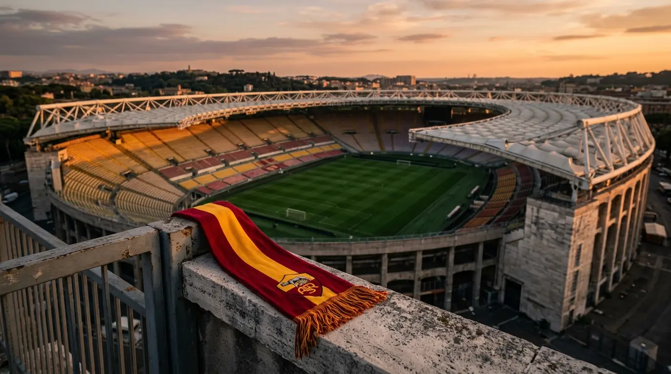 AS Roma's Stadio Olimpico bathed in golden hour light with Giallorossi scarf in foreground