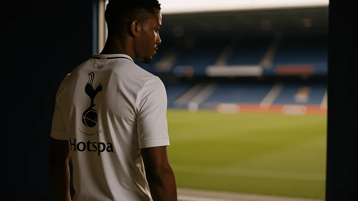 Footballer in white kit standing in stadium tunnel looking onto pitch with contemplative expression