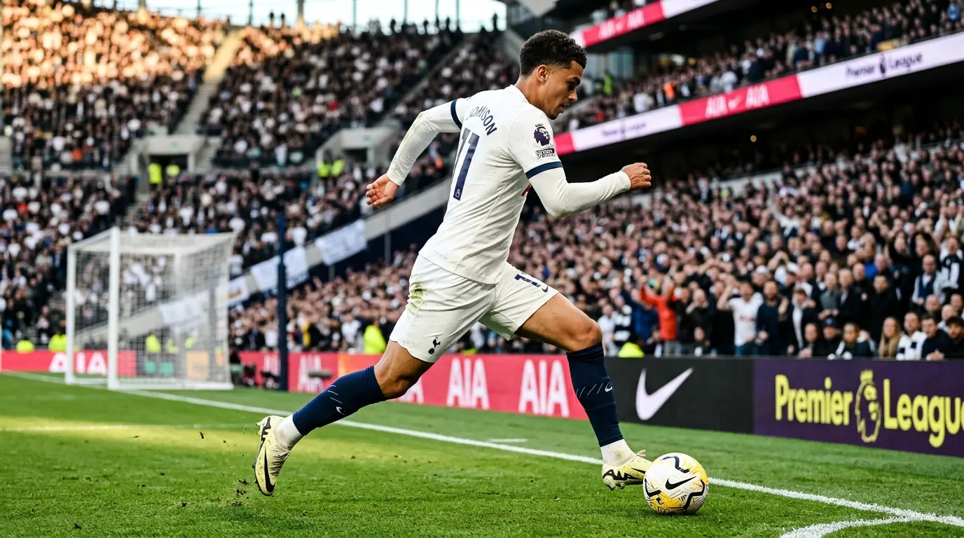 Tottenham winger sprinting with ball down touchline in white kit at Premier League stadium