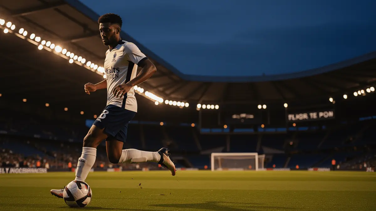 Footballer dribbling on left wing in Premier League stadium at dusk with dramatic lighting