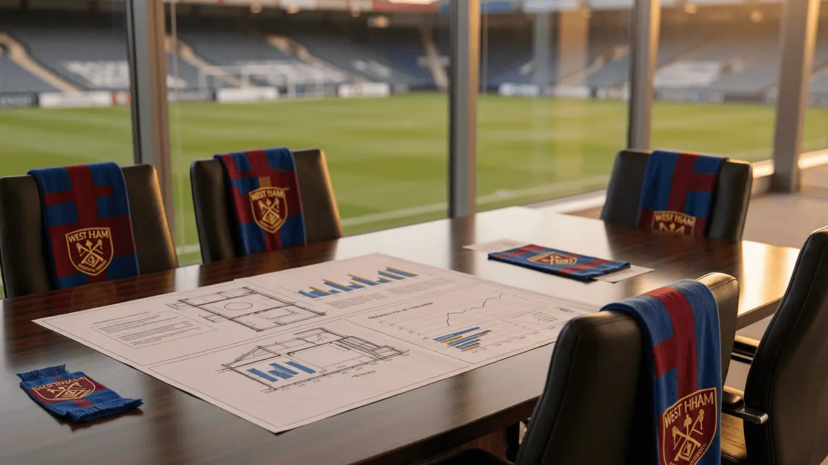 West Ham boardroom with club colors and strategic planning materials on conference table