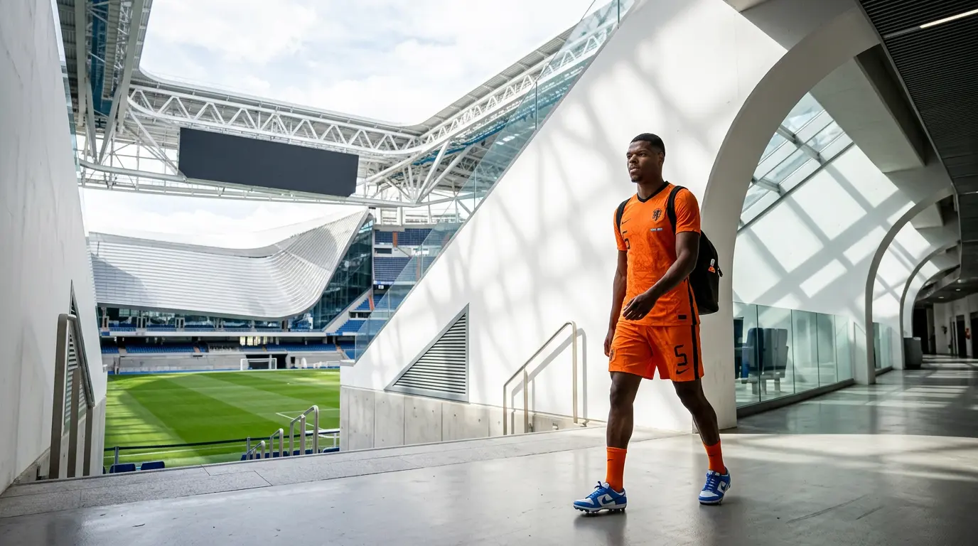 Dutch footballer in orange kit walking through Real Madrid's Bernabéu stadium during transfer