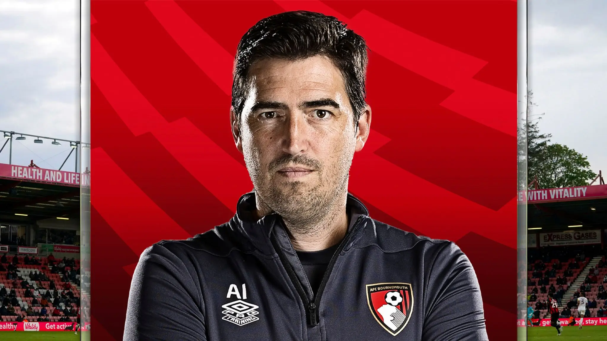 Andoni Iraola, manager of AFC Bournemouth, posed in a team jacket with stadium background.