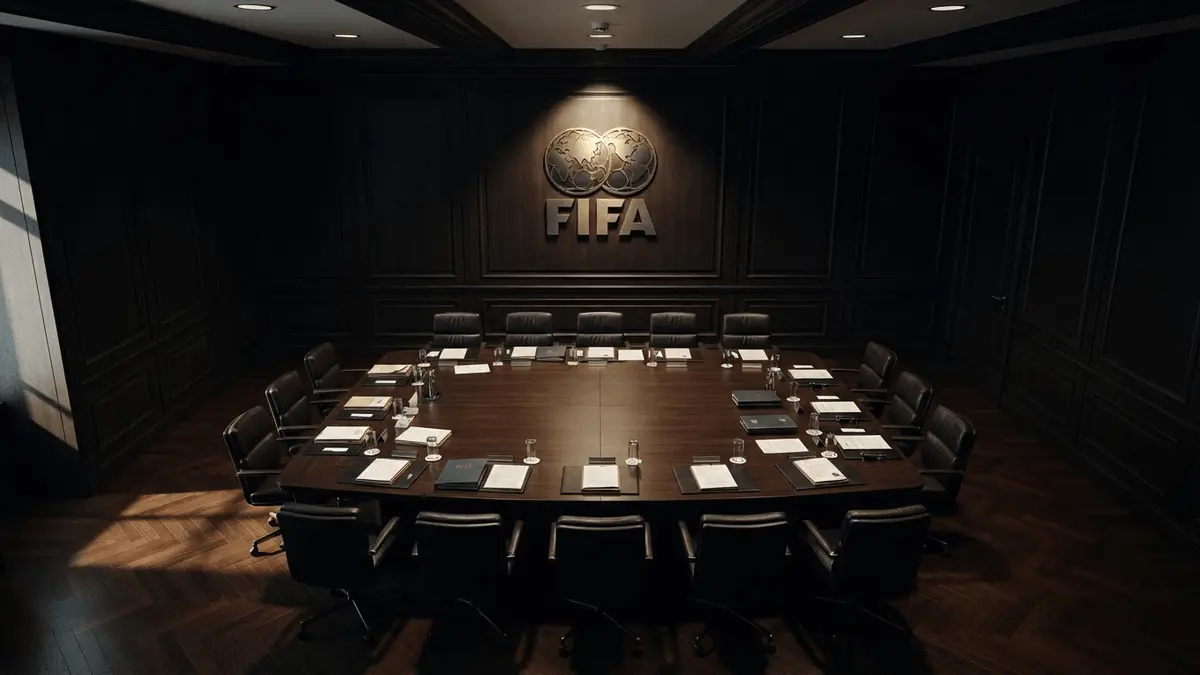 FIFA investigation hearing room with official emblem and formal conference setup