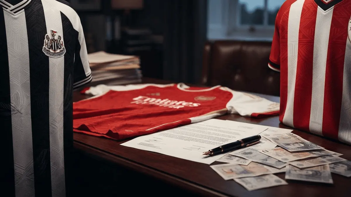 Arsenal transfer pursuit concept with Newcastle and Athletic Bilbao jersey elements and contract documents