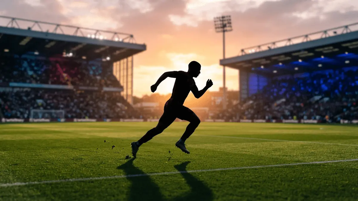 Silhouette of striker sprinting on football pitch with stadium lights at sunset