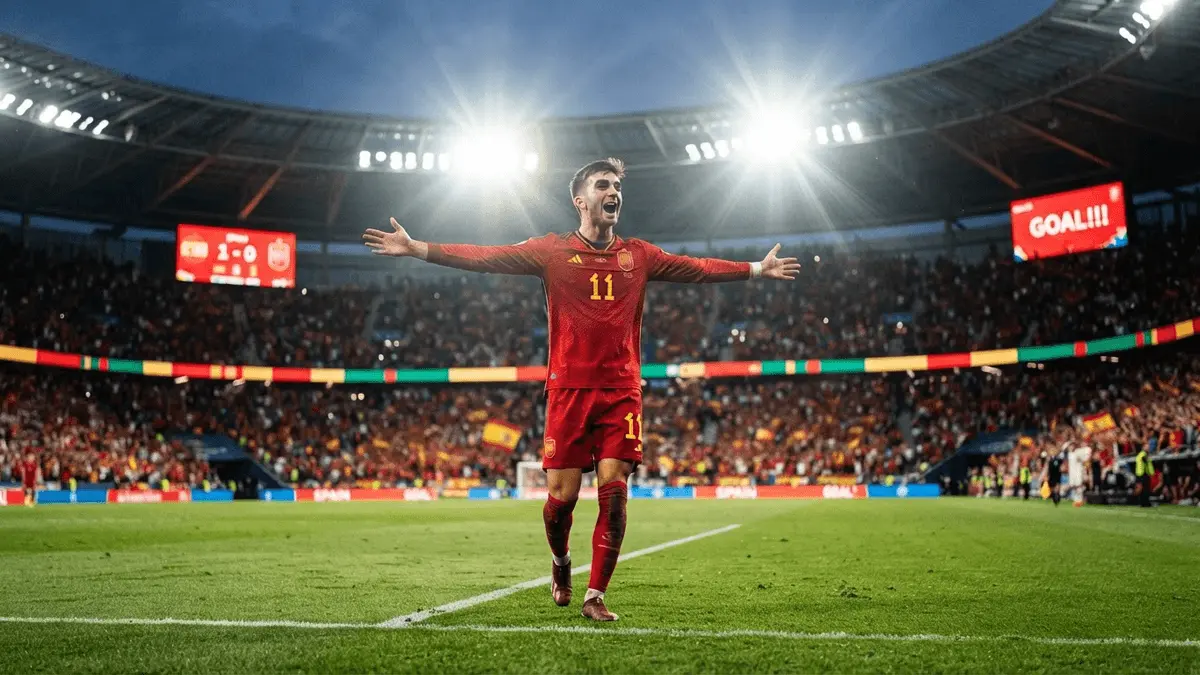 Spanish footballer celebrating World Cup goal in packed stadium with dramatic lighting