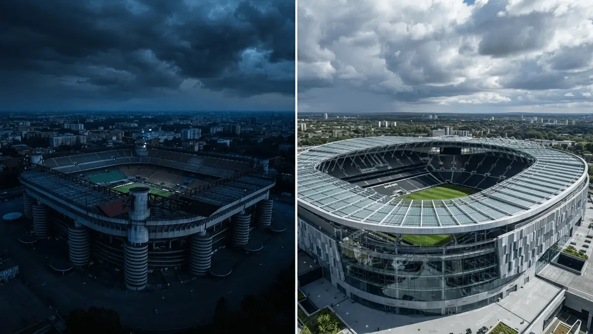 Split view of San Siro and Tottenham stadiums representing Cristian Romero transfer saga
