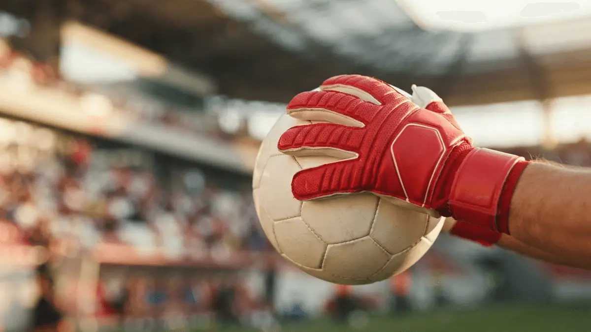 Arsenal goalkeeper gloves gripping football in stadium setting