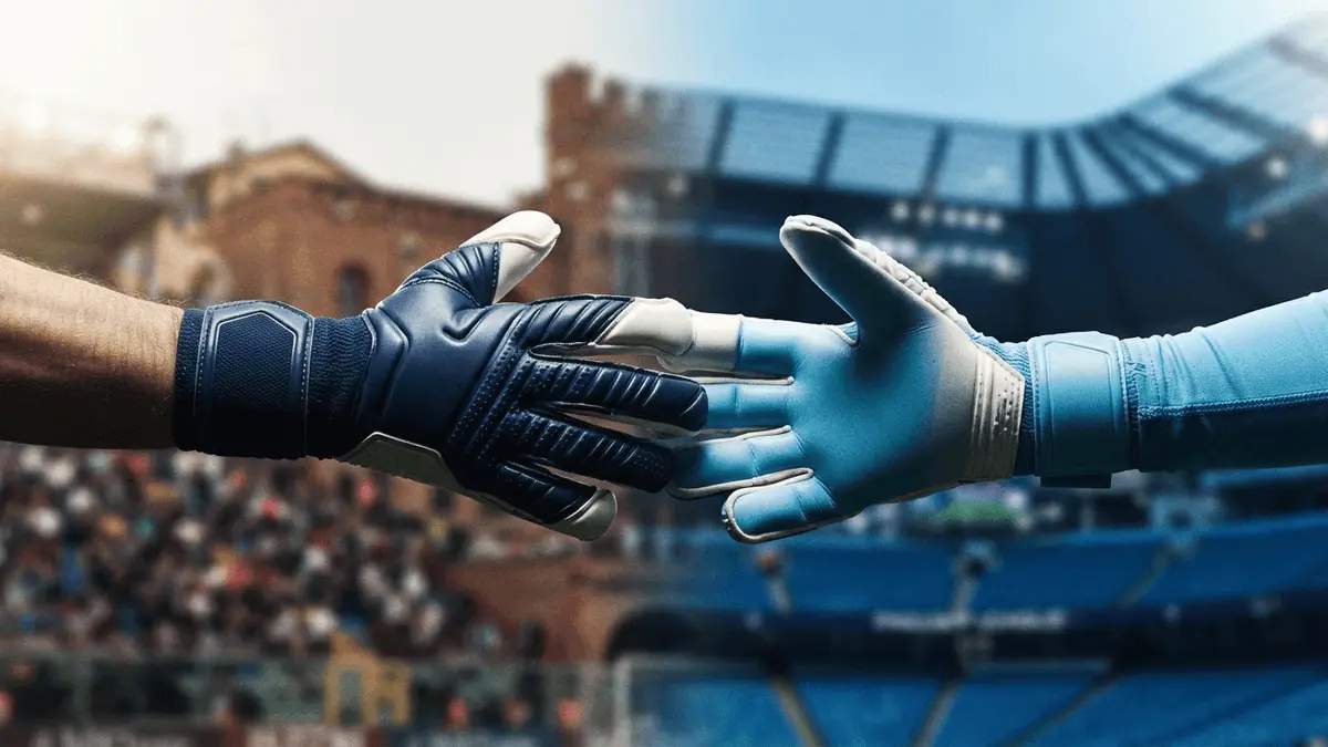 Two goalkeeper gloves reaching toward each other representing Napoli-Tottenham keeper swap deal