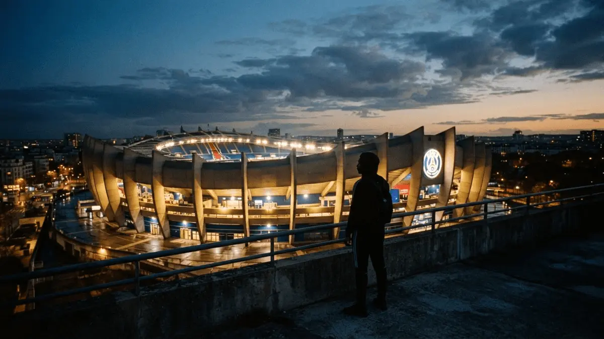Parc des Princes stadium at dusk with silhouetted figure, symbolizing Liverpool's pursuit of PSG's Bradley Barcola