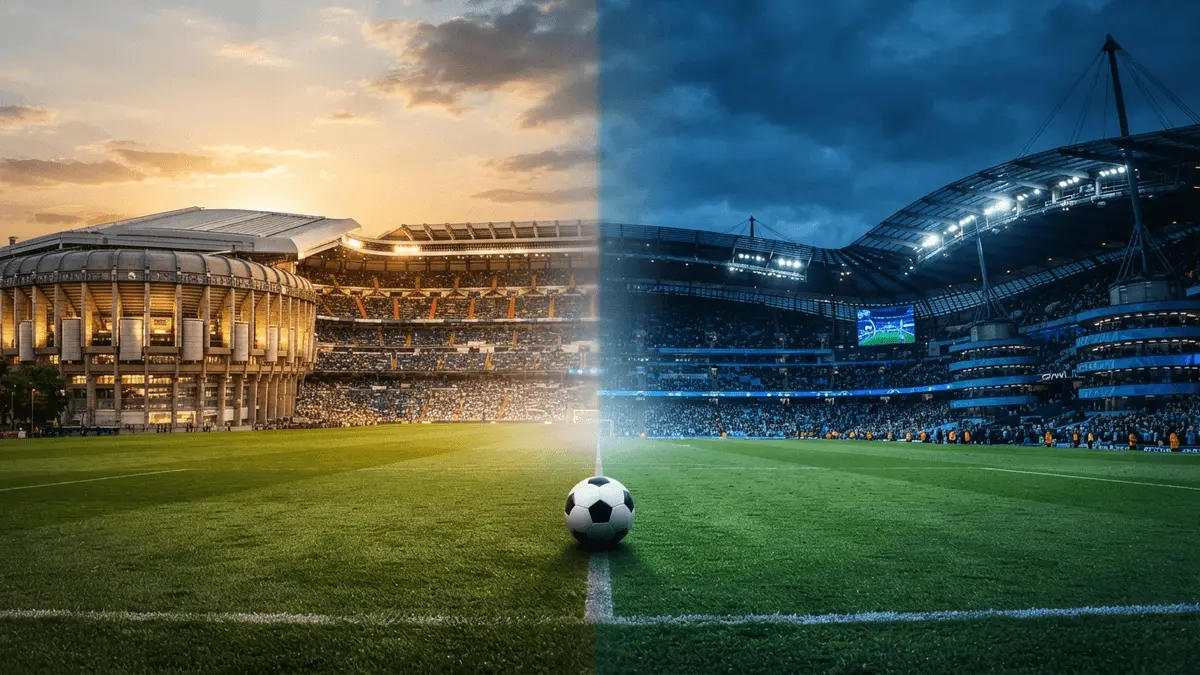 Santiago Bernabéu and Etihad stadiums in split composition representing Rodri transfer between clubs