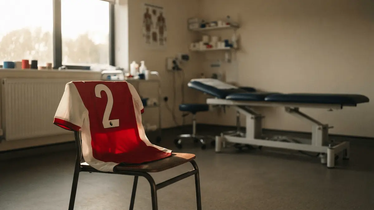Empty Arsenal treatment room with football shirt, symbolizing William Saliba's injury absence and rehabilitation period