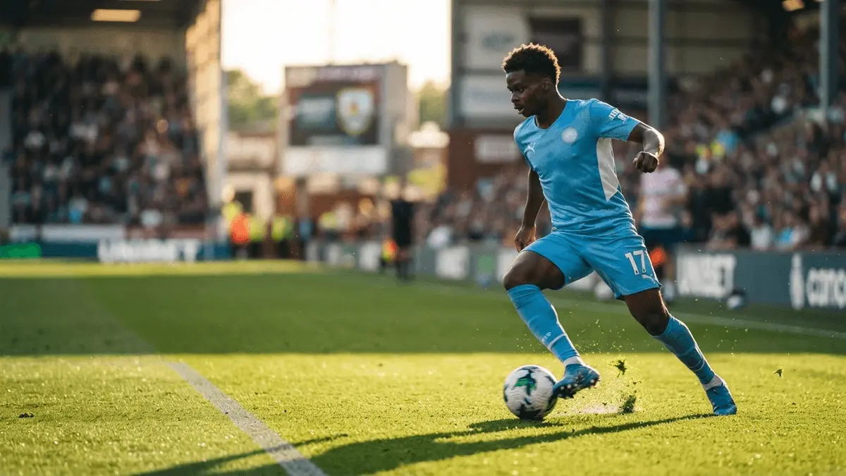 Brazilian winger Savinho dribbling at pace during a Premier League match