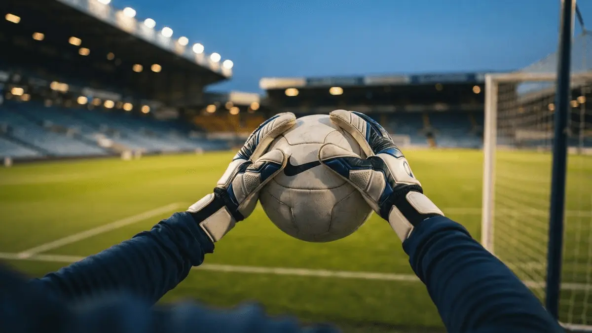 Goalkeeper gloves holding football at Elland Road stadium with dramatic lighting
